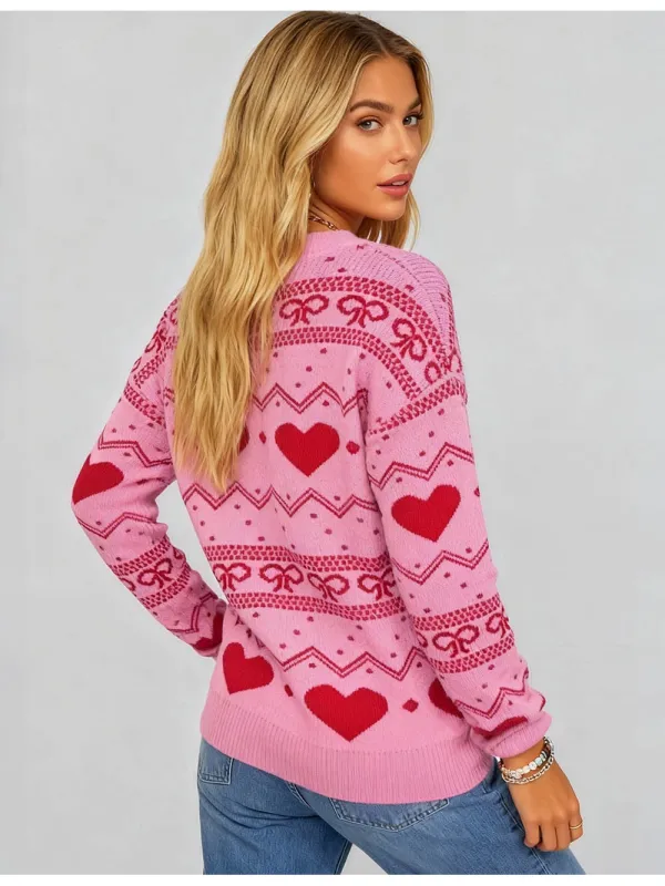 Valentine Heart and Bow Pattern Pullover Sweater