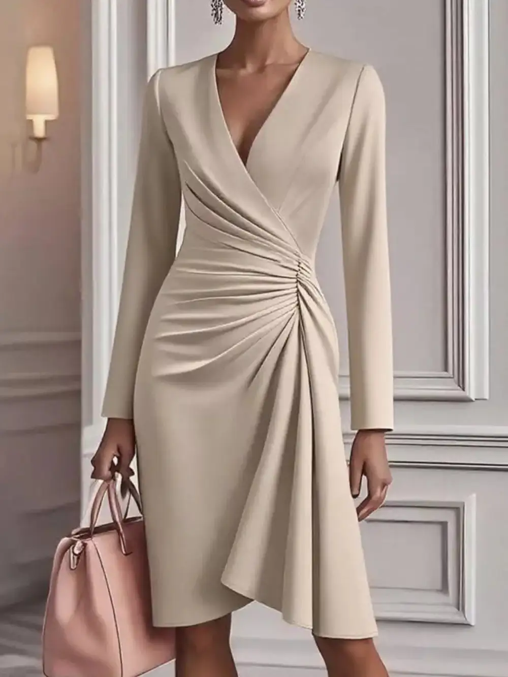 Gathered Detail Ruched Long Sleeve Mini Dress