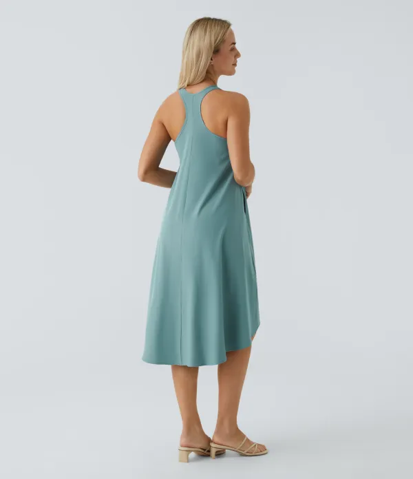 Breezeful Backless Racerback Side Pocket High Low Flowy Midi Quick Dry Casual Dress