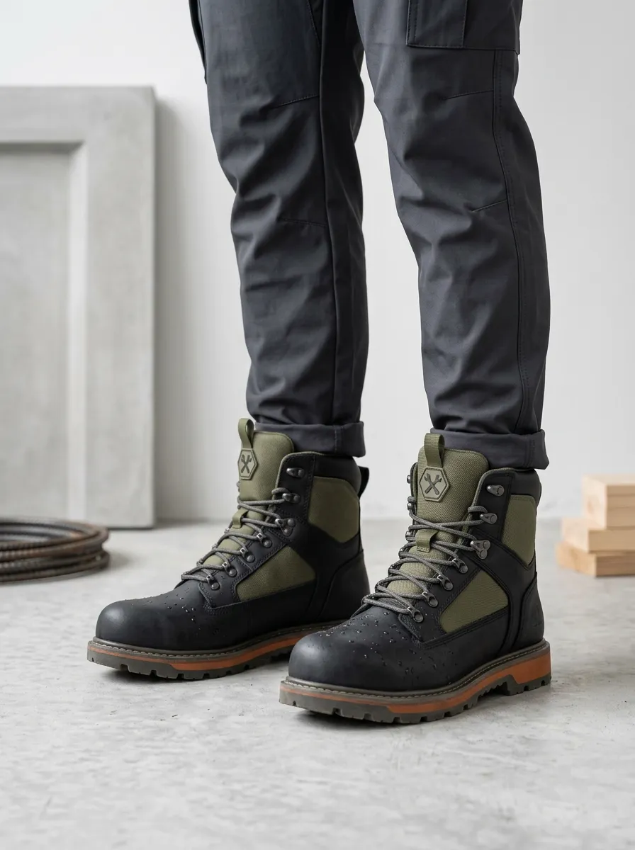 Unisex Mechanic Wrench Logo Olive Black Waterproof Work Boots