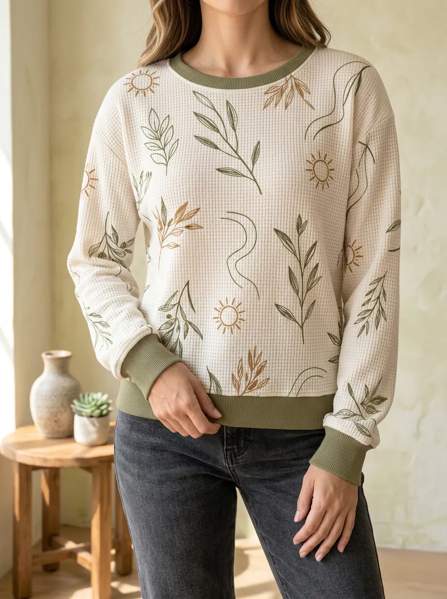 Women's Boho Nature Lover Sun Leaf Printed Waffle Knit Crewneck Sweatshirt