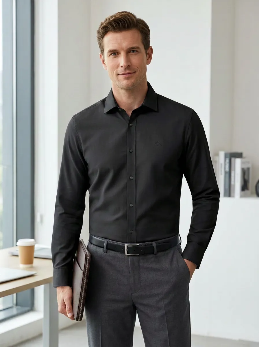 Men's Business Casual Non-Iron Cotton Embroidered Logo Dress Shirt