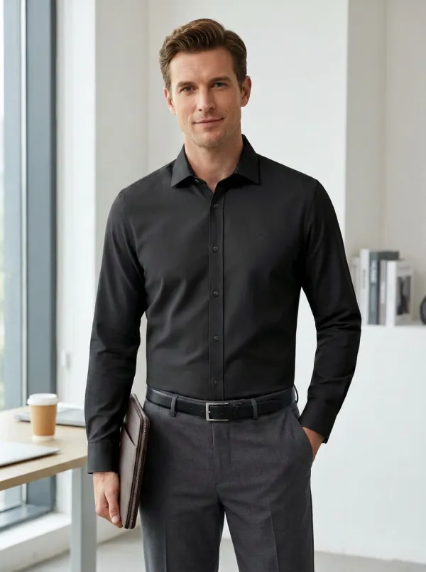 Men's Business Casual Non-Iron Cotton Embroidered Logo Dress Shirt