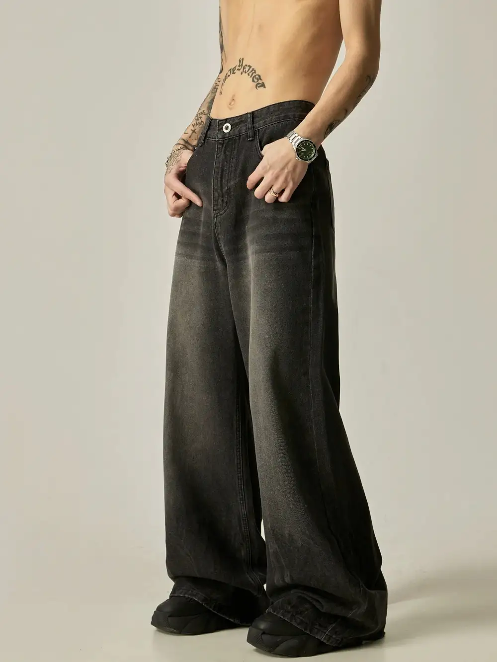 Wide-Leg Faded Washed Jeans