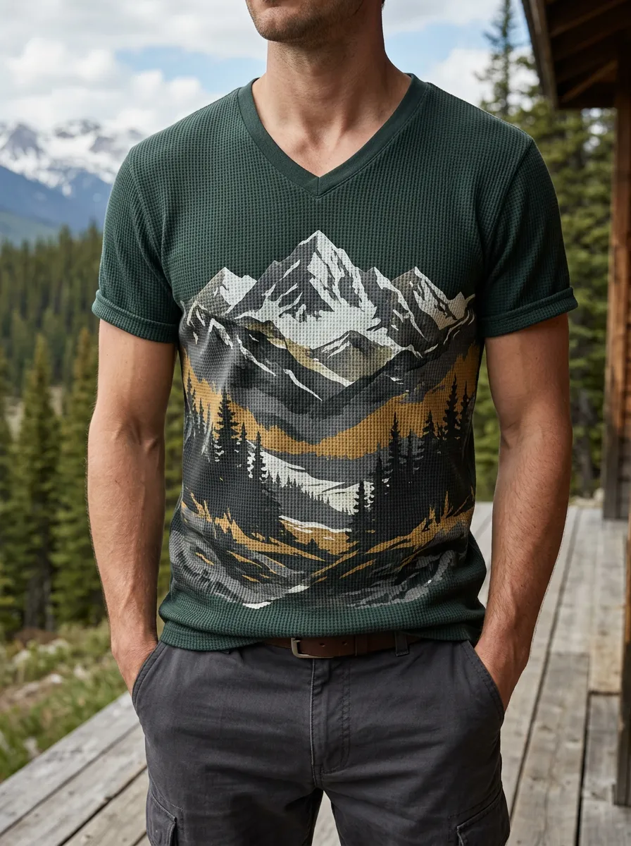 Men's Terrain Outdoor Nature Lover Mountain Forest V-Neck T-Shirt