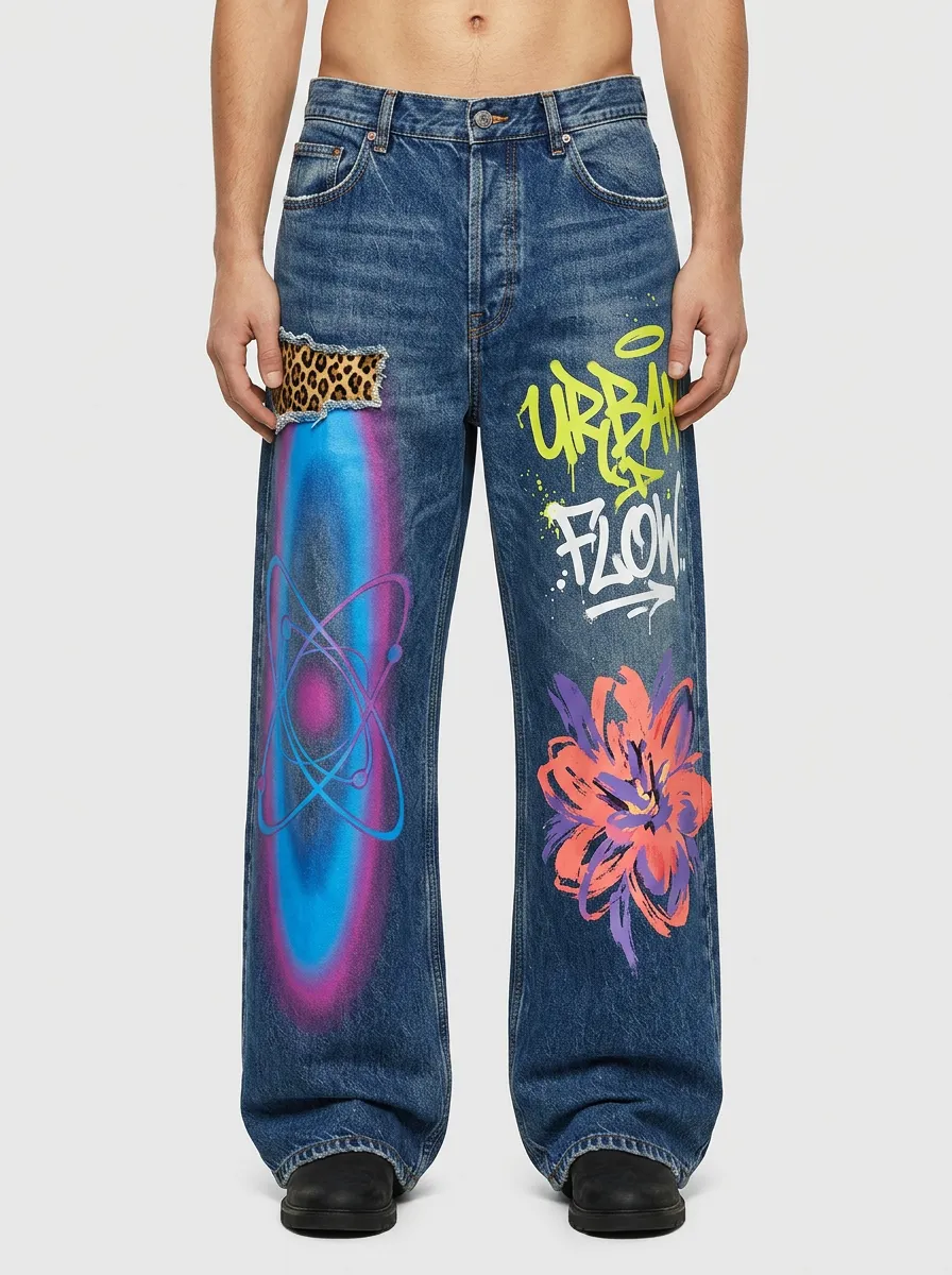 Men's Streetwear Urban Flow Graffiti Leopard Printed Jeans