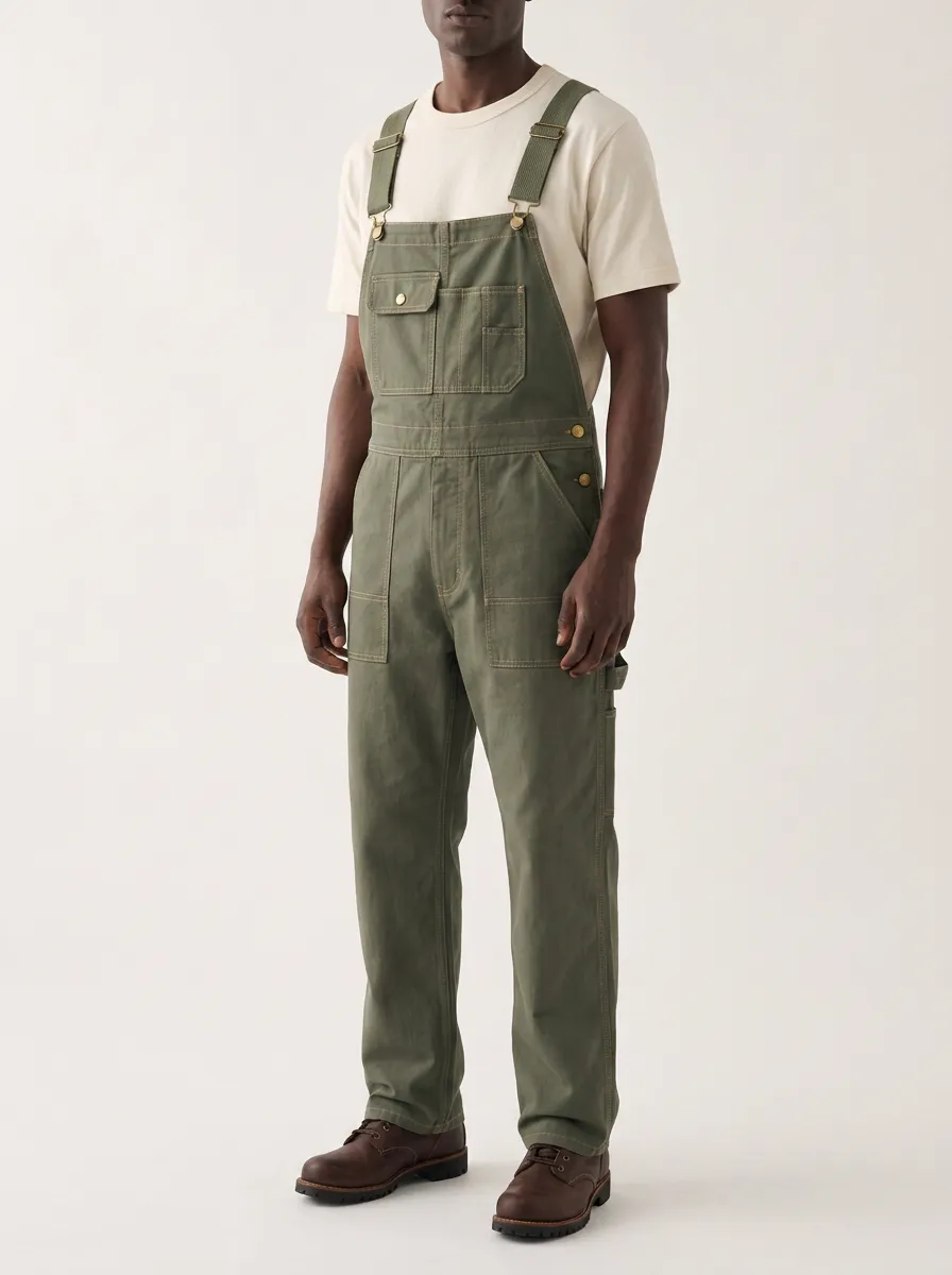 Men's Casual Utility Olive Green Cotton Bib Overalls