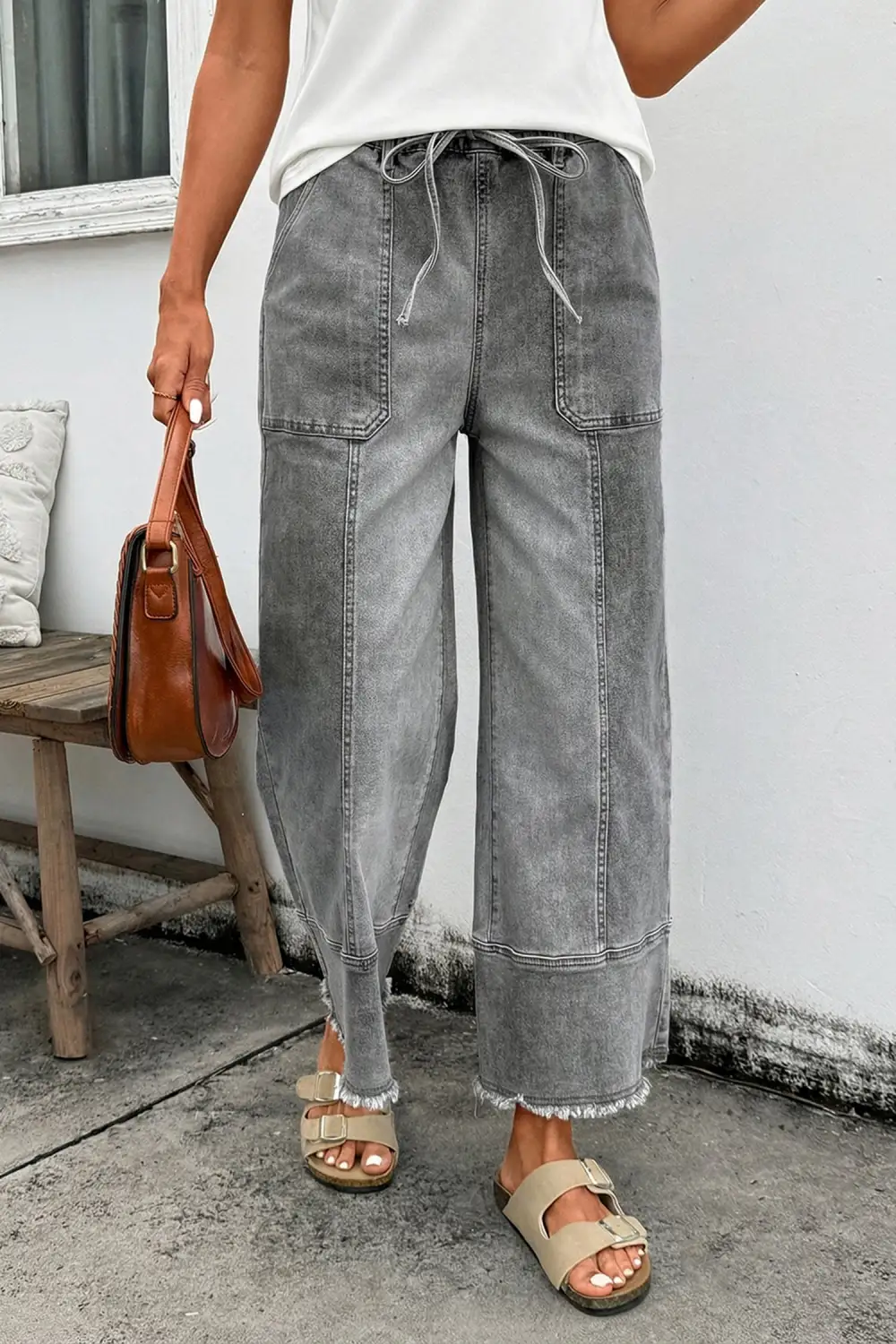Women's Raw Hem Wide Leg Denim Pants With Drawstring Detail