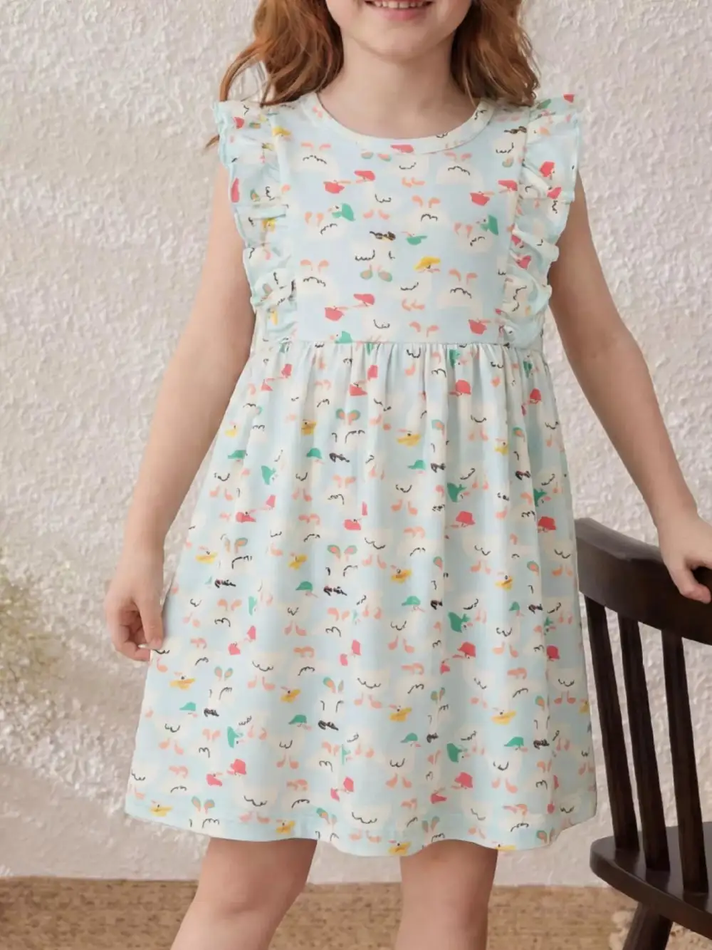 Girls Ruffle Sleeve Cartoon Print Dress