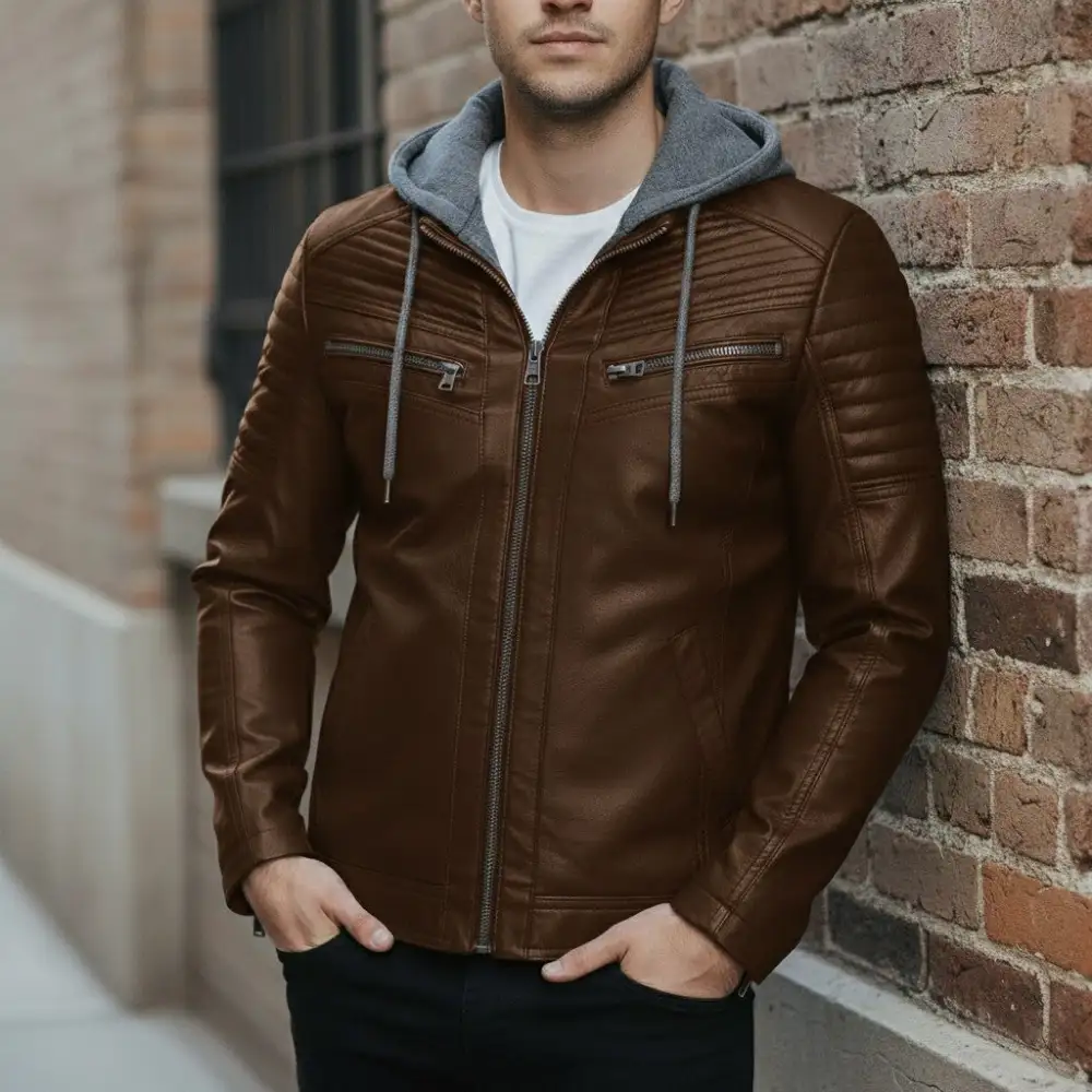 Classic Leather Biker Hooded Jacket