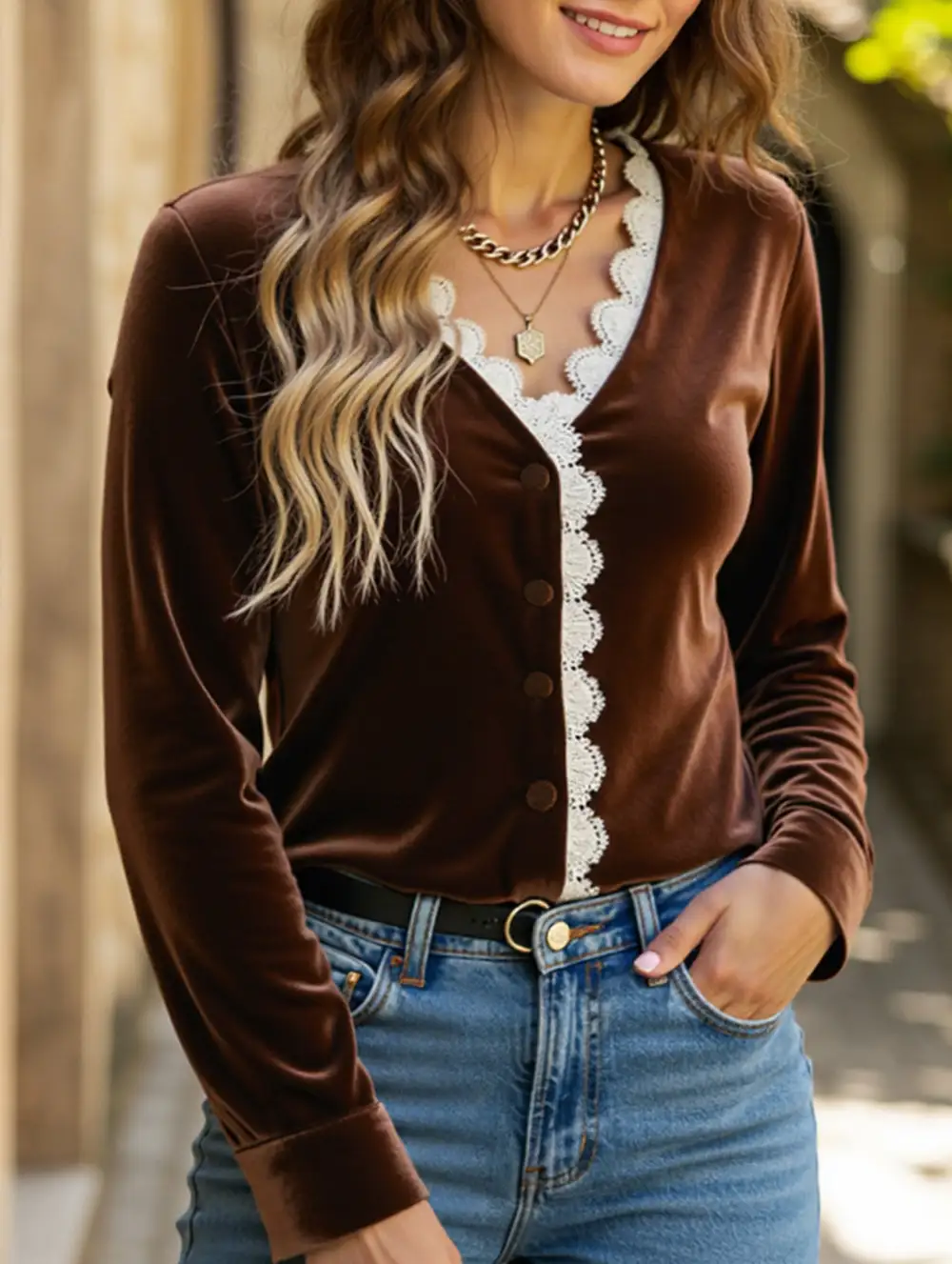 Retro V Neck Lace Trimmed Velvet Top