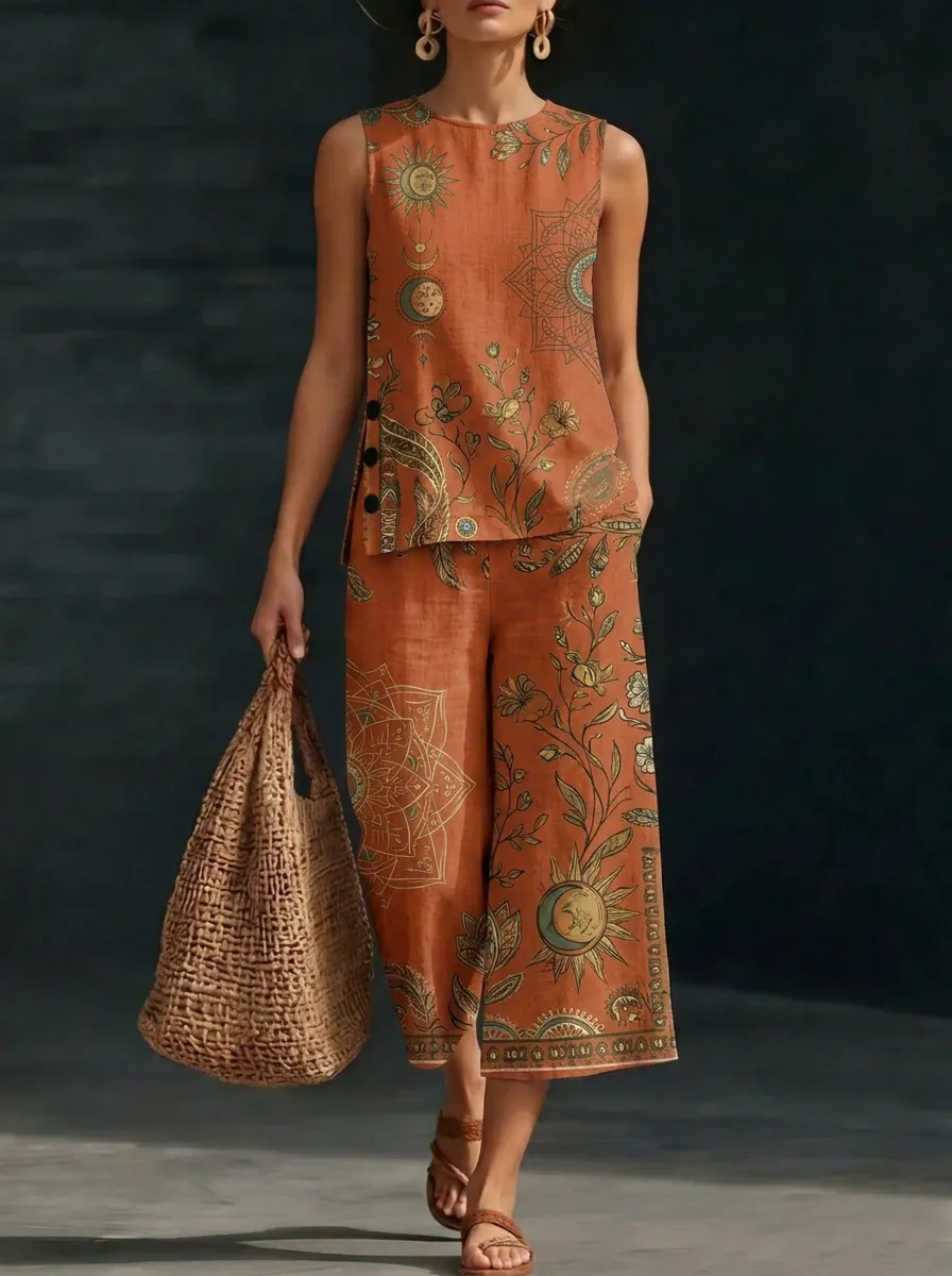 Women's Boho Celestial Sun Moon Floral Printed Sleeveless Set