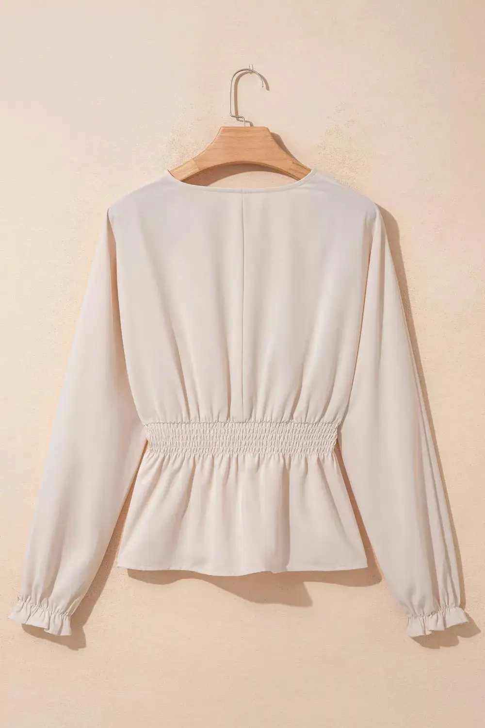 Smocked-Waist V-Neck Long-Sleeve Buttoned Blouse