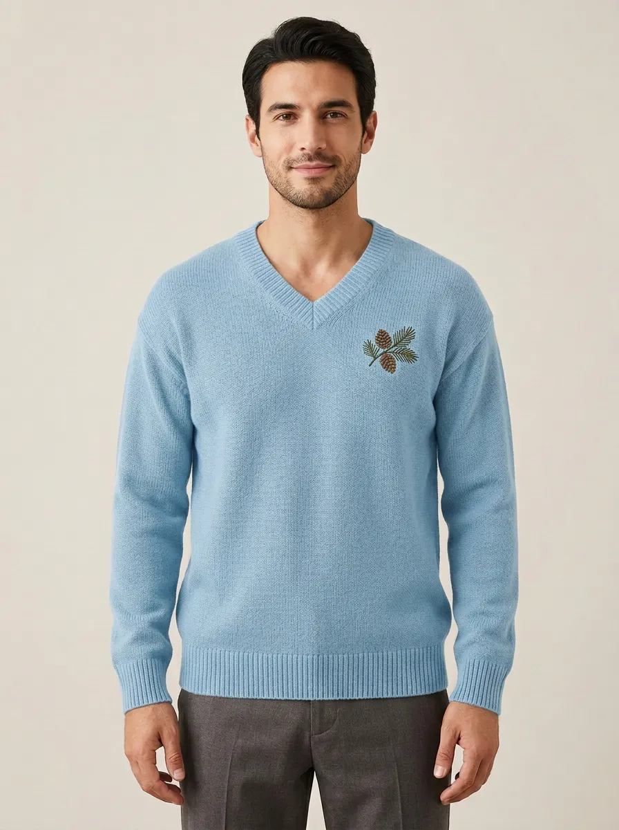 Men's Pinecone Embroidered Fine-Knit V-Neck Sweater