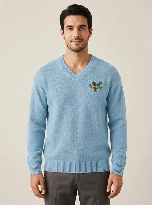 Men's Pinecone Embroidered Fine-Knit V-Neck Sweater