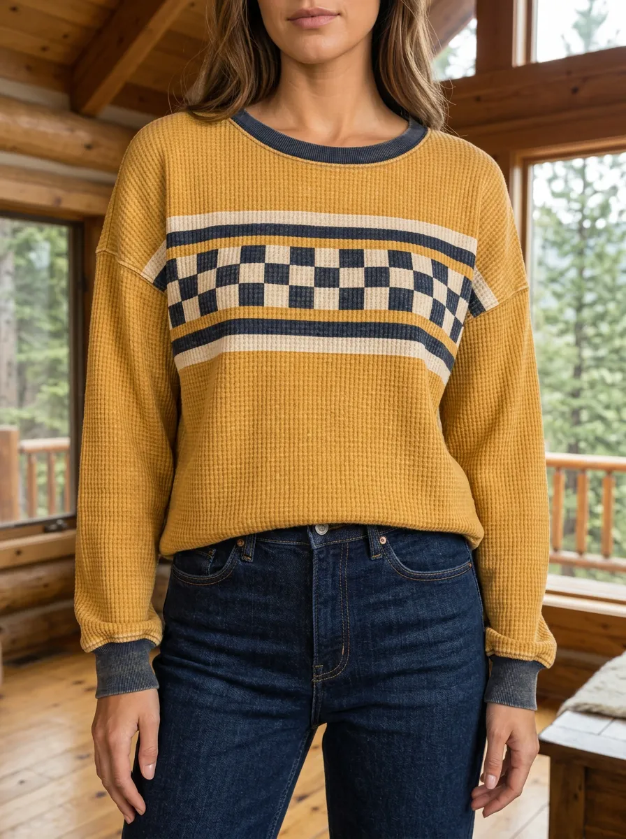 Women's Mustard Checkerboard Pattern Printed Waffle Knit Sweatshirt