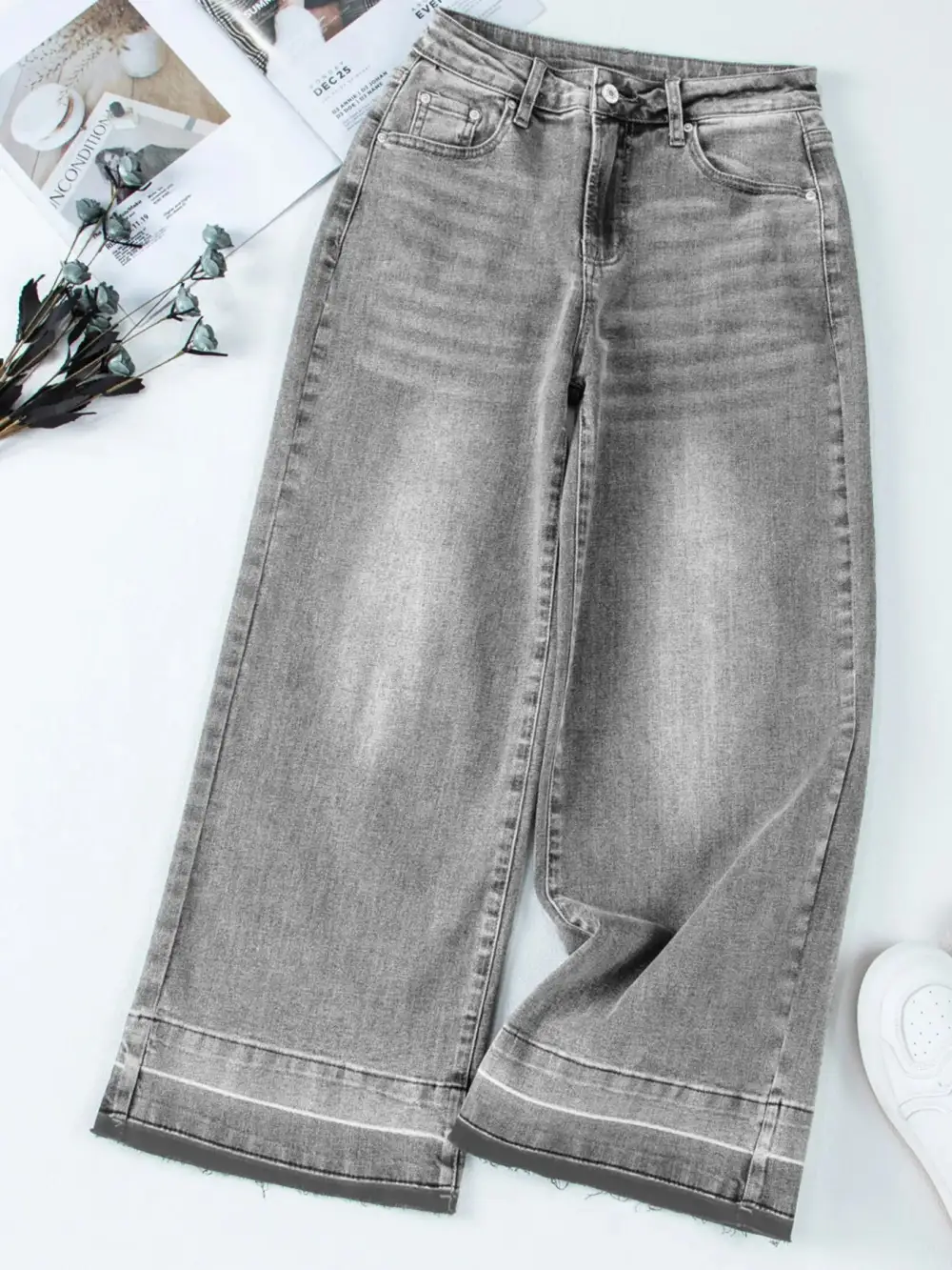 Versatile High Waist Wide Leg Washed Denim Jeans