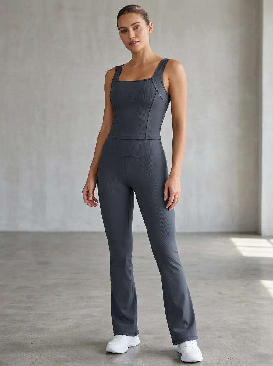 Women's Yoga Fitness Ribbed Square Neck Tank Flare Leggings Set