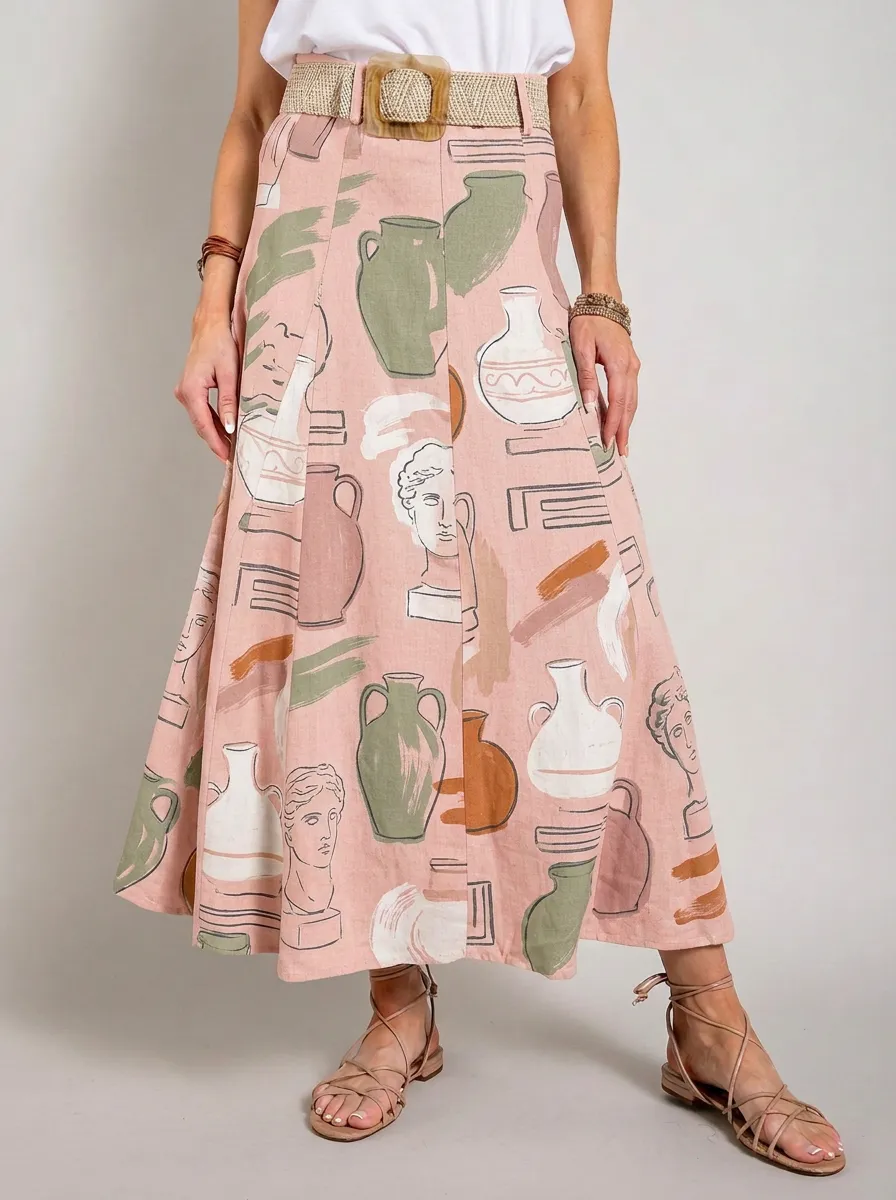Women's Greek Art Pottery Statue Printed Midi Skirt