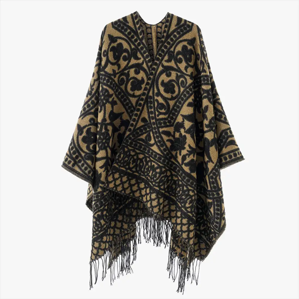 Jacquard Ornamental Fringed Poncho Wrap