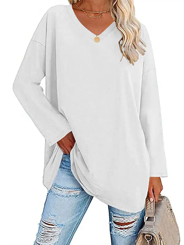 Long Sleeve Relaxed Sheer Panel Detail V-Neck T-Shirt