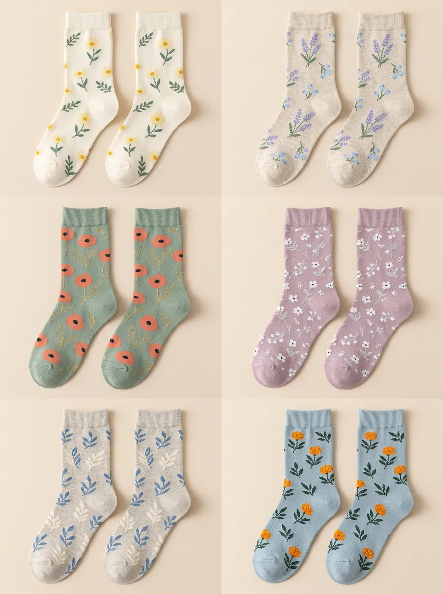 Women's Garden Floral Jacquard Crew Socks Six Pair Set
