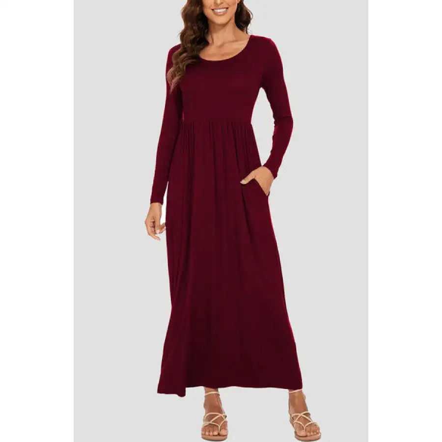 Round Neck Long Sleeve Pocketed Maxi Dress