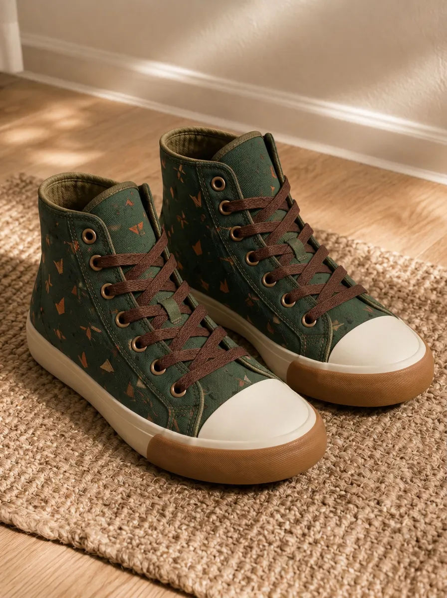 Men's Origami Paper Crane Green Printed Canvas Shoes