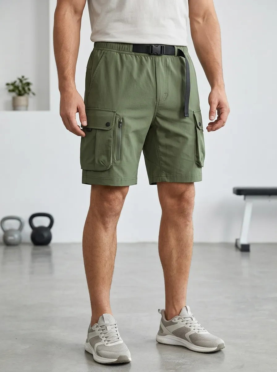 Men's Outdoor Hiking Olive Green Multi-Pocket Cargo Shorts