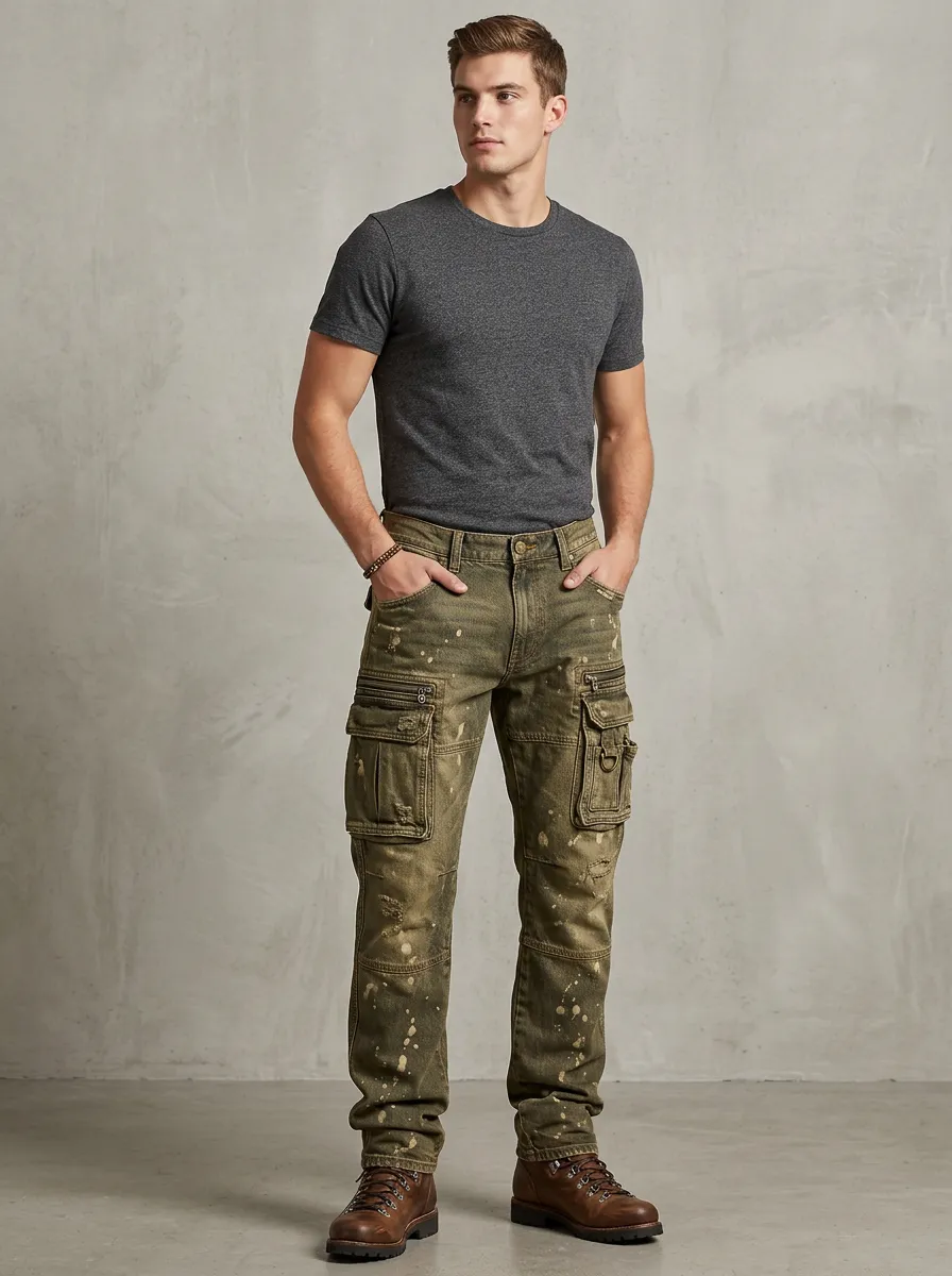 Men's Vintage Distressed Paint Splatter Printed Cargo Pants