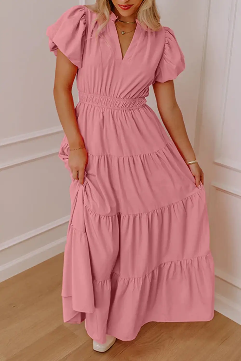 Gossamer Solid Color V Neck Short Puff Sleeve High
