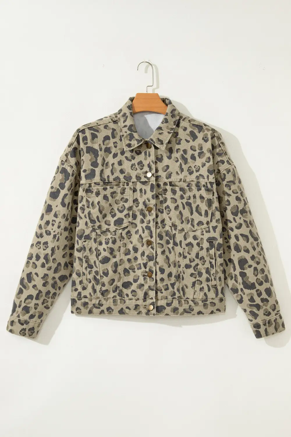 Women's Retro Leopard Print Seam Detail Button Down Denim Jacket