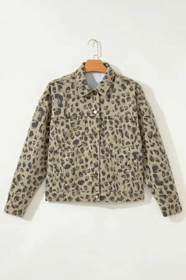 Women's Retro Leopard Print Seam Detail Button Down Denim Jacket