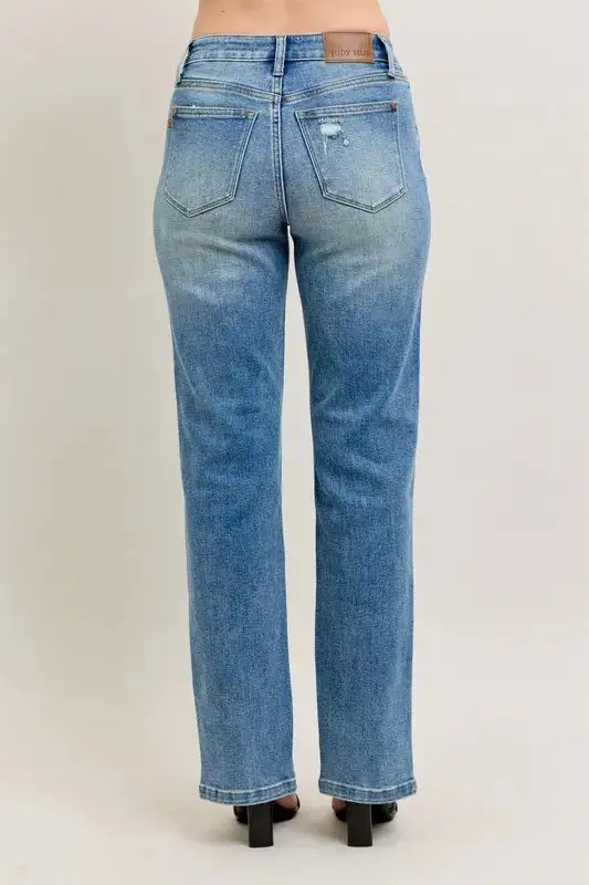 High-Waist Distressed Vintage-Wash Front-Seam Straight Leg Jeans