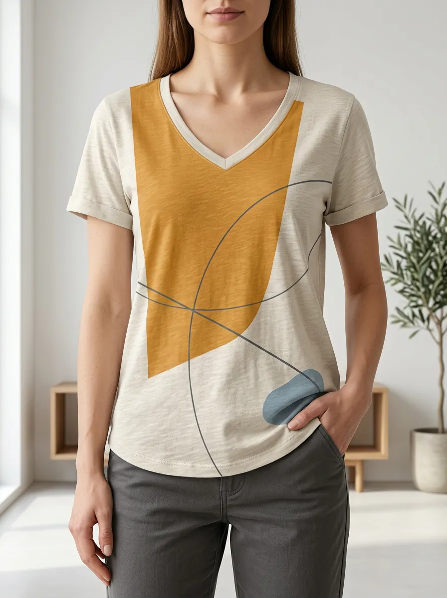 Women's Abstract Art Geometric Printed V-Neck T-Shirt