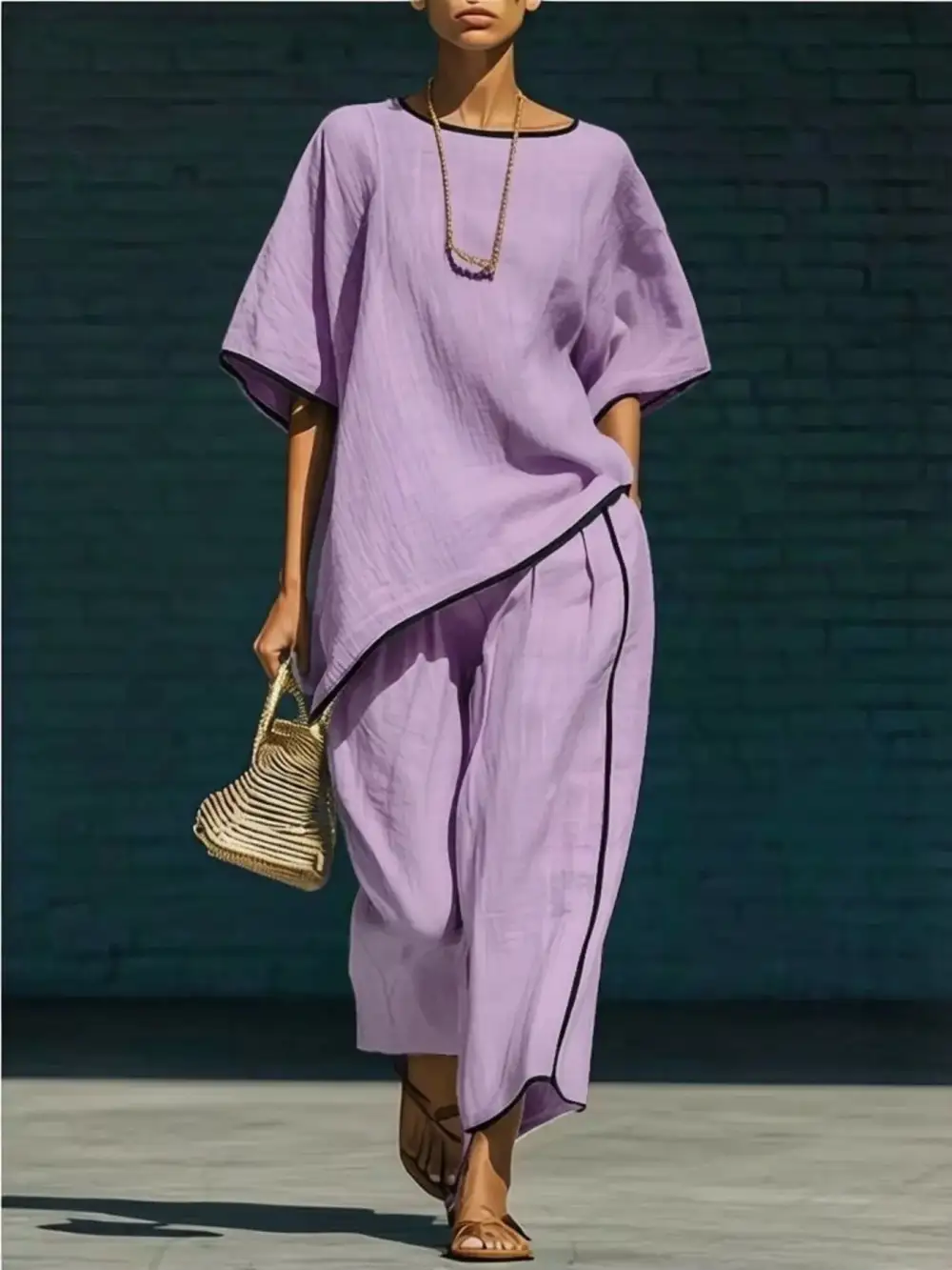 Contrast Trim Round Neck Top and Pants Set