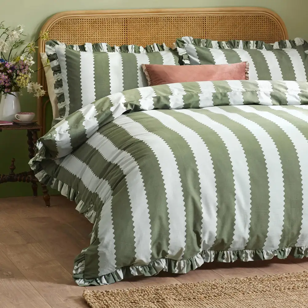 Contemporary Bedroom Ruffled Stripe Cotton Duvet Cover Set
