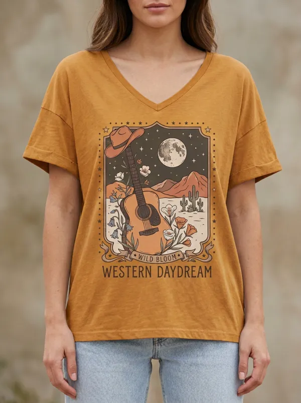 Cactus Guitar Western Women's V-Neck T-Shirt