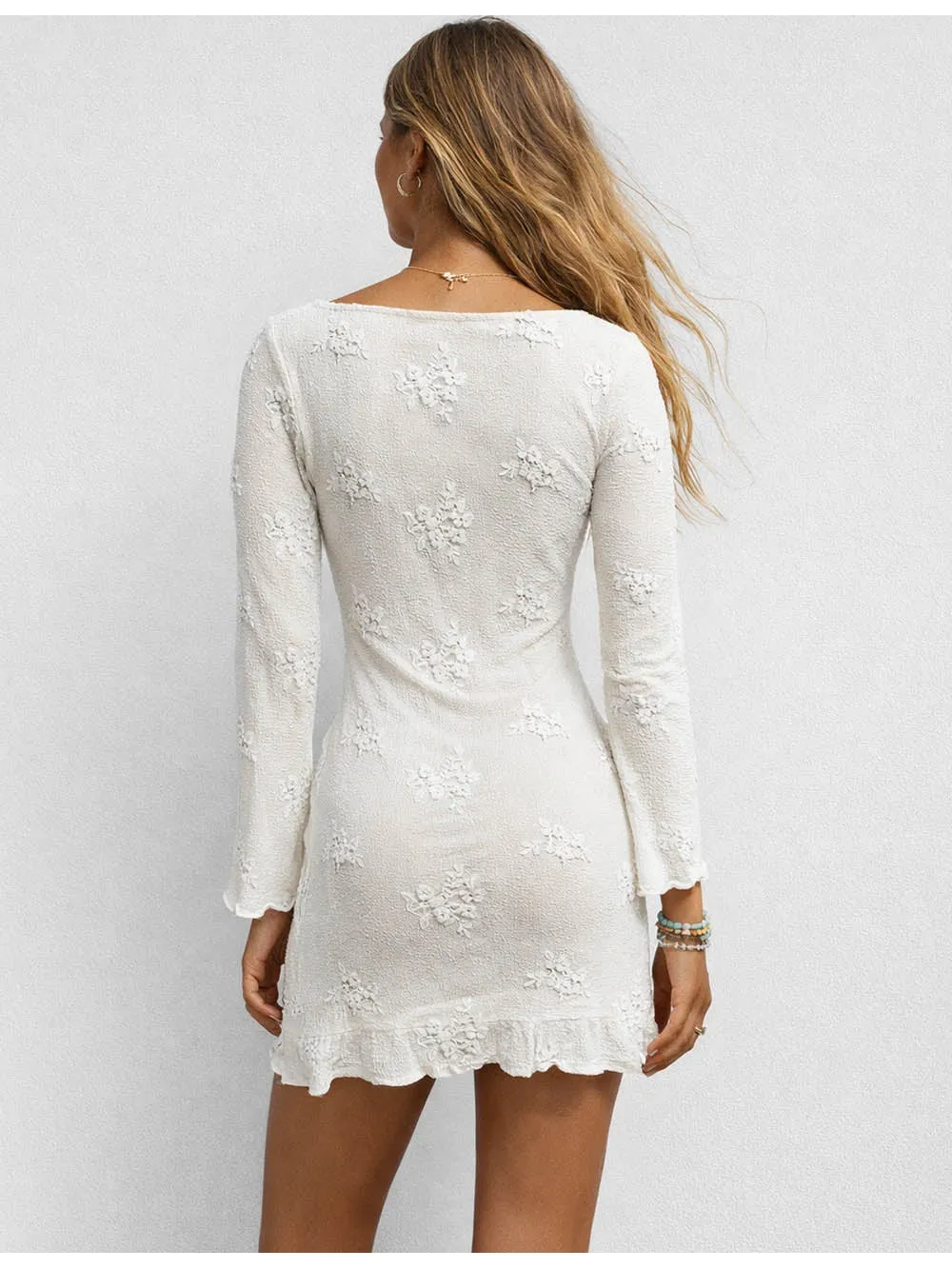 Embroidery Sheer Lace Flared Sleeves Mini Dress