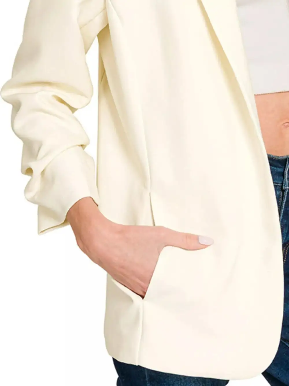 Woven Ruched Sleeve Open Front Classic Blazer