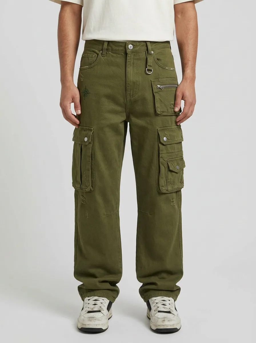 Men's Streetwear Compass Graphic Denim Cargo Jeans