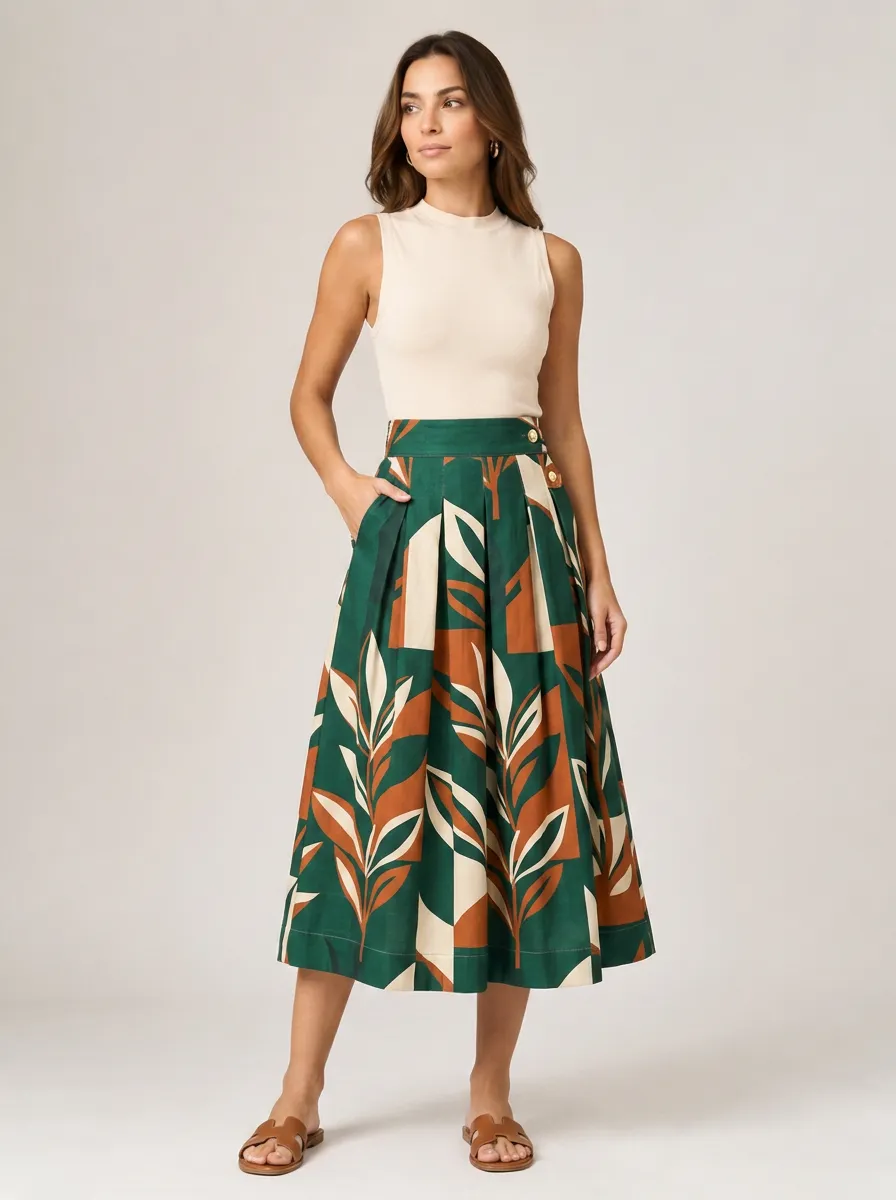 Women's Botanical Nature Lover Leaf Pattern Printed Midi Skirt