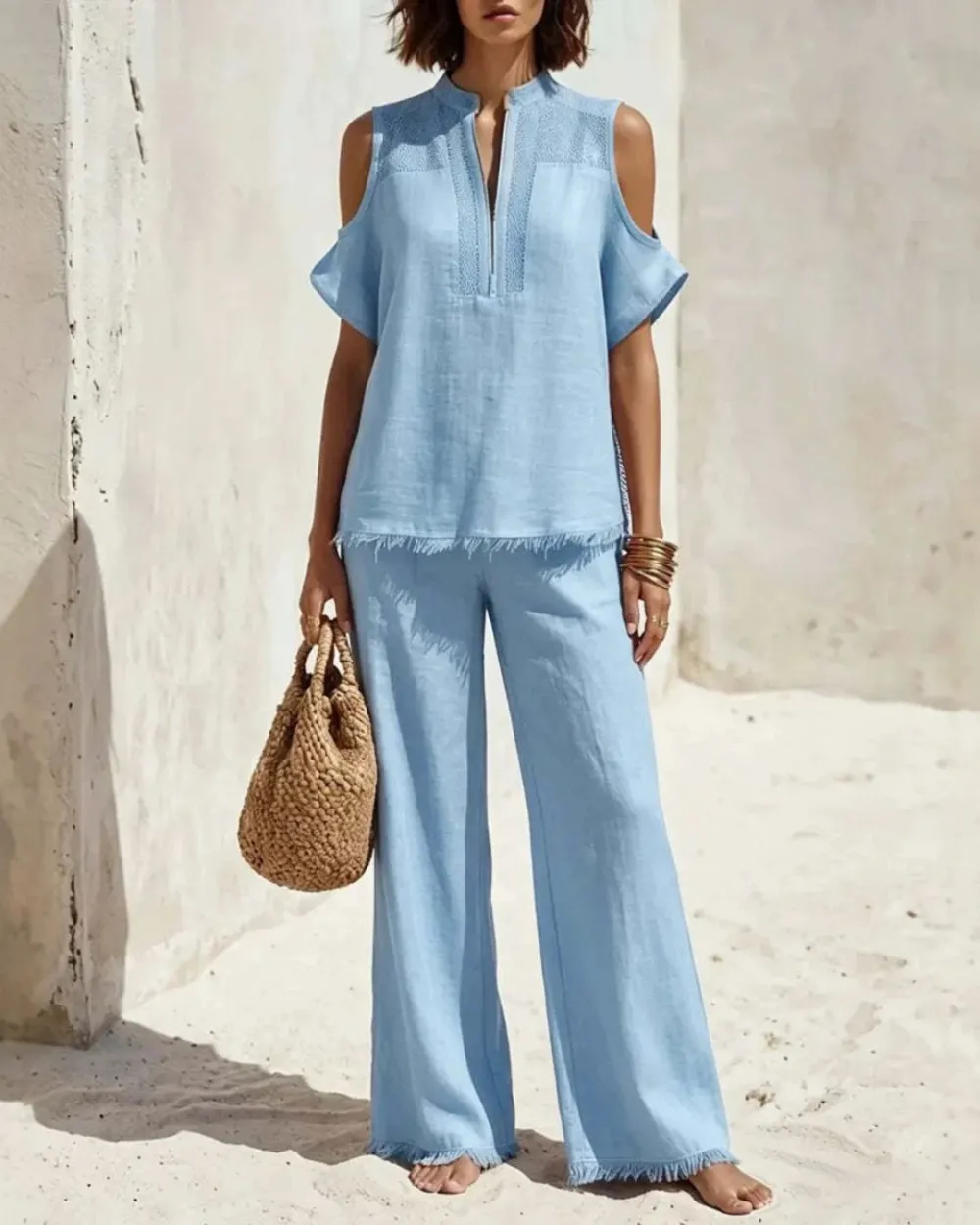 Off-Shoulder Short-Sleeve Pantsuit Set