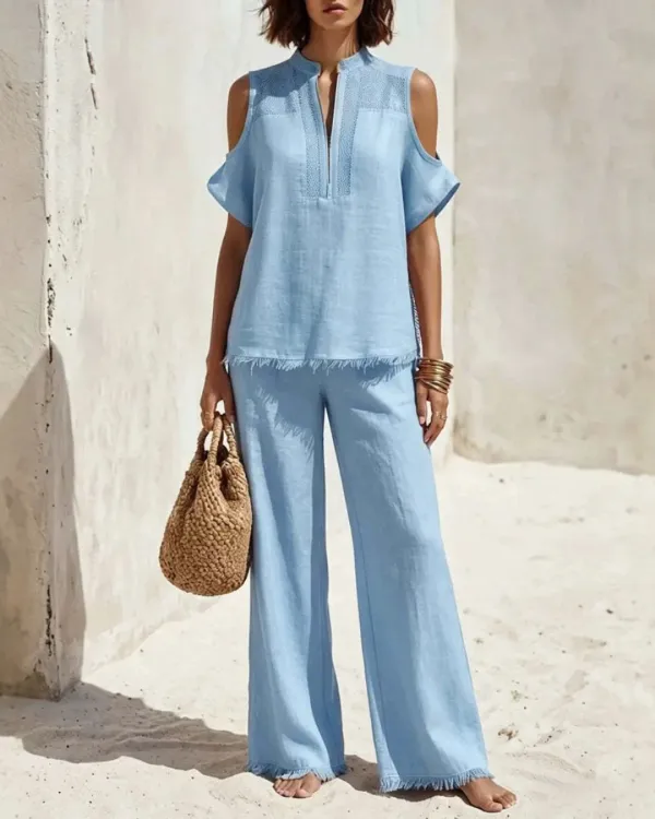 Off-Shoulder Short-Sleeve Pantsuit Set