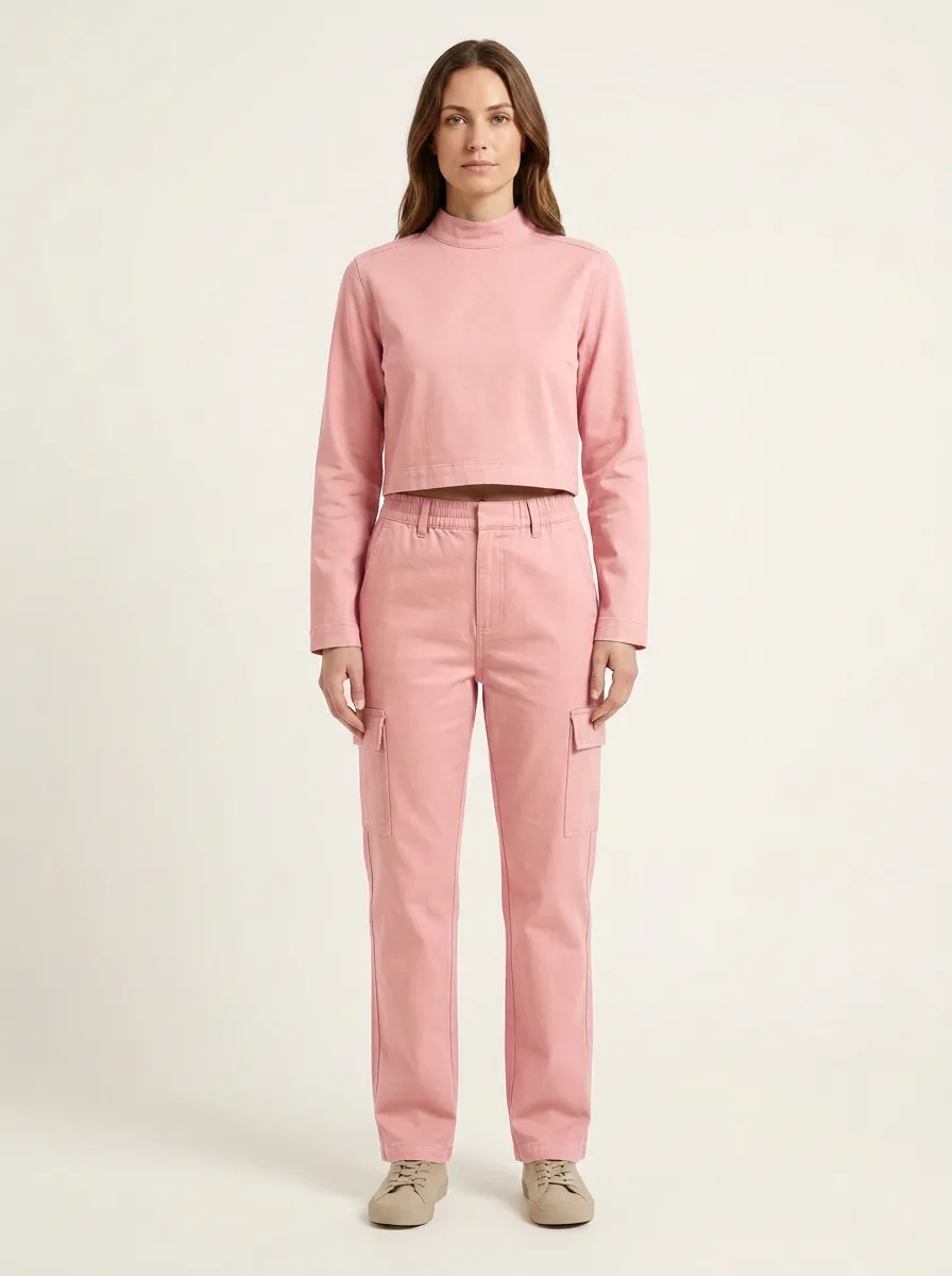 Women's Mock-Neck Crop Top and Straight-Leg Cargo Pant Set