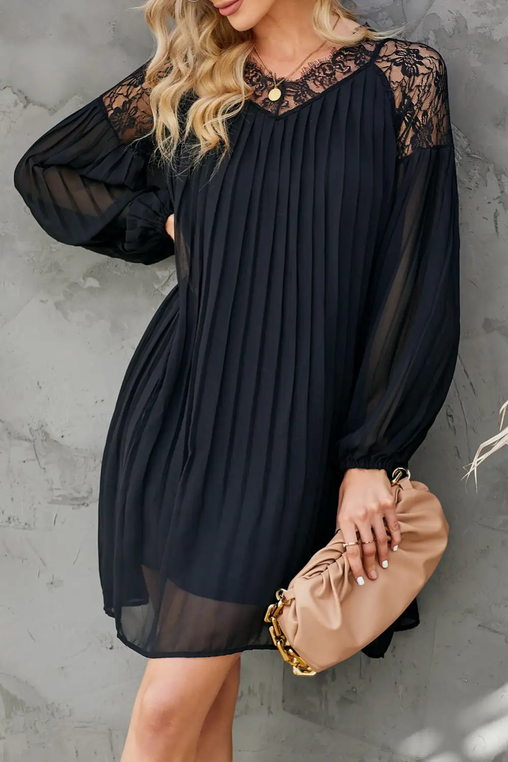 Pleated Lace Patchwork Lantern Sleeve Mini Dress