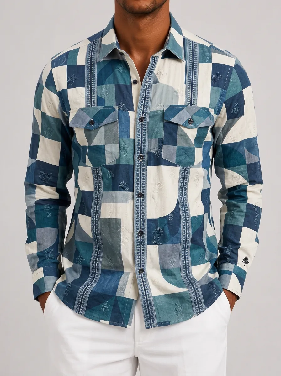 Men's Geometric Patchwork Blue Printed Guayabera Shirt