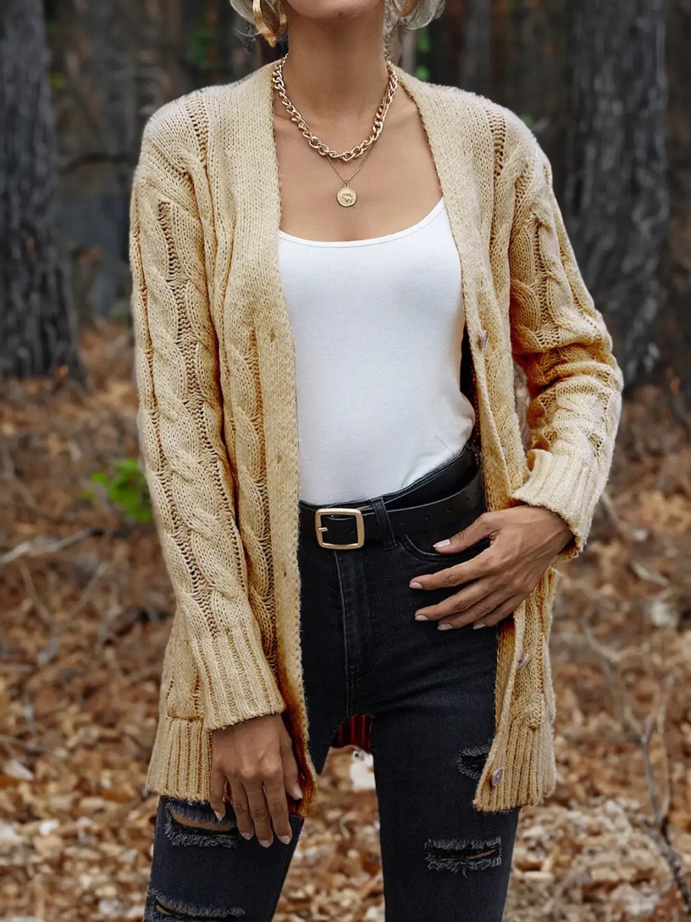 Cable-Knit Button-Down Cardigan