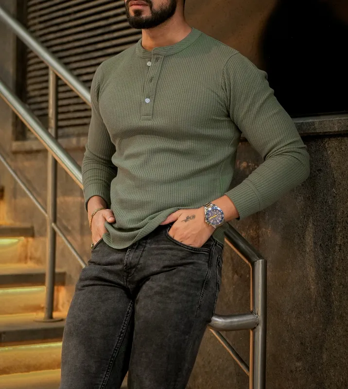 Grey Ribbed Long Sleeve Henley Shirt