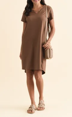 Above-Knee Cotton Pleated Round-Neck Short-Sleeve Straight-Cut Relaxed T-Shirt Dress